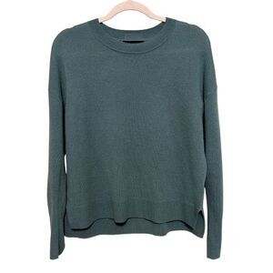 Tahari 100% 2-Ply Cashmere Sweater Women Large Blue Crew Neck Split Hem Pullover